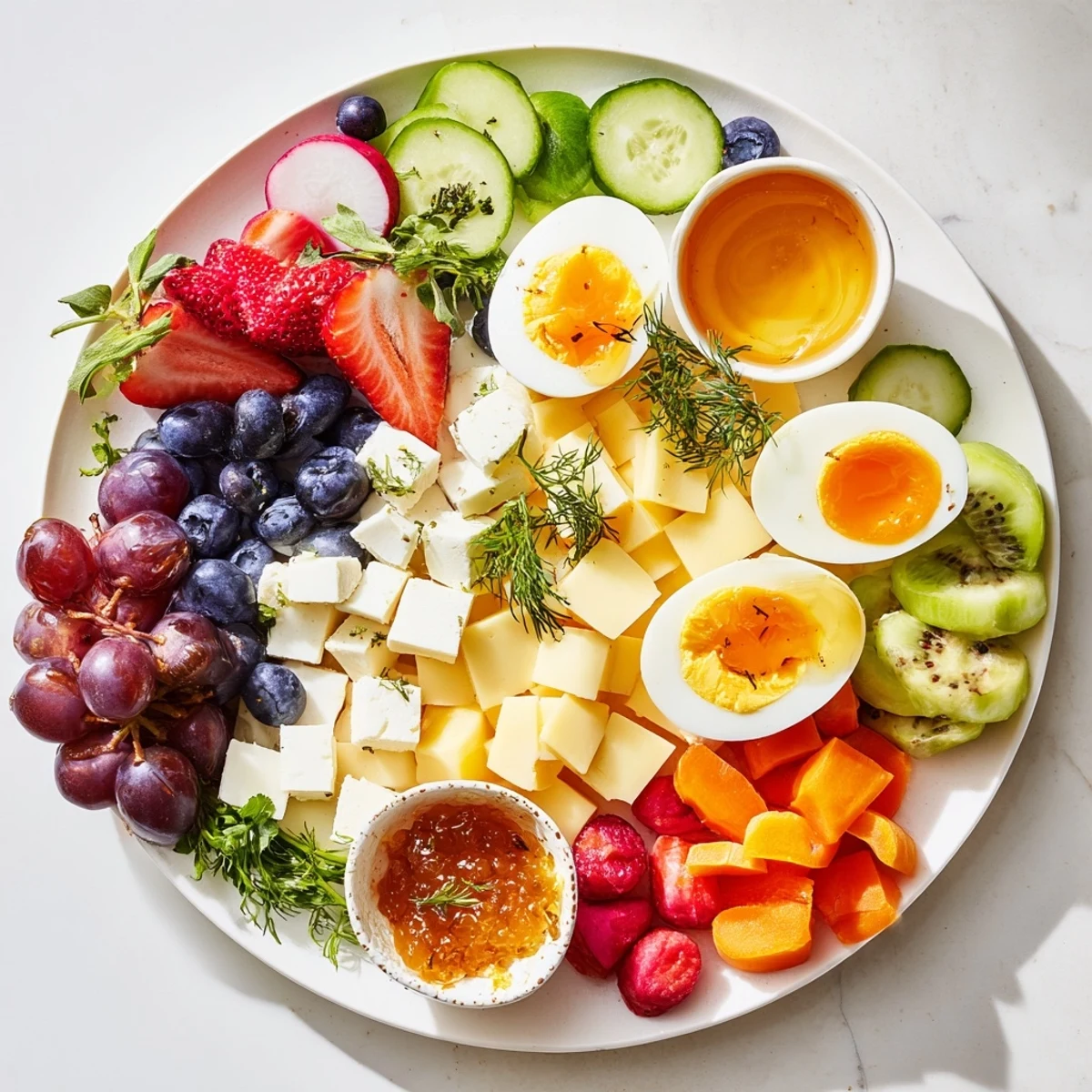 A colorful Easter Egg-cellent Brunch Board overflowing with fresh fruits, cheeses, and artisan breads, ready to serve.