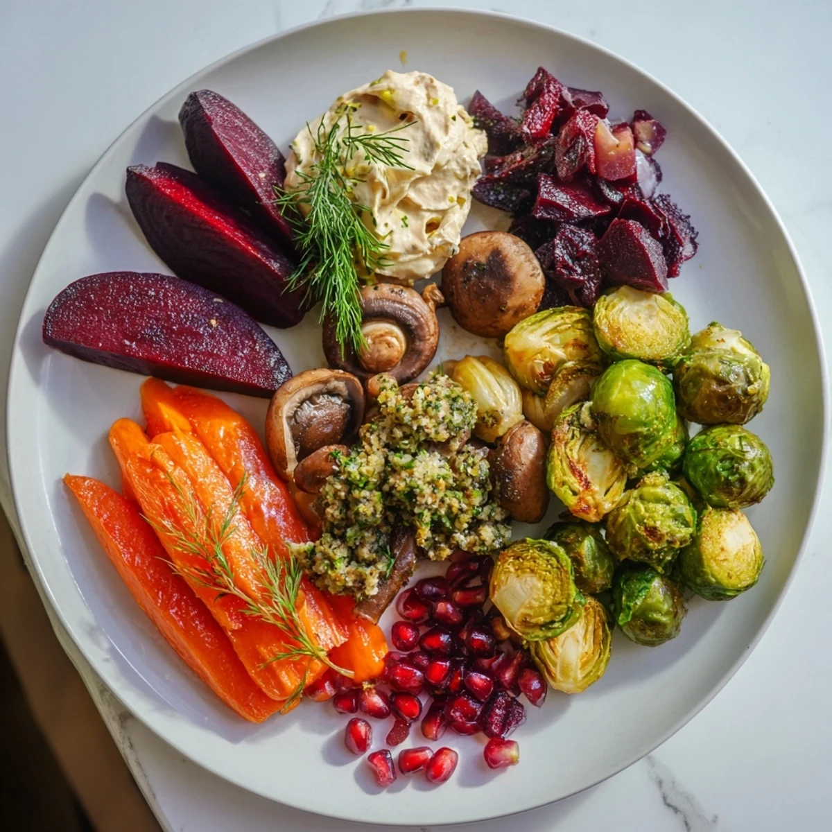 This festive Pine Forest Winter Mezze Board features colorful roasted veggies and a creamy labneh dip.