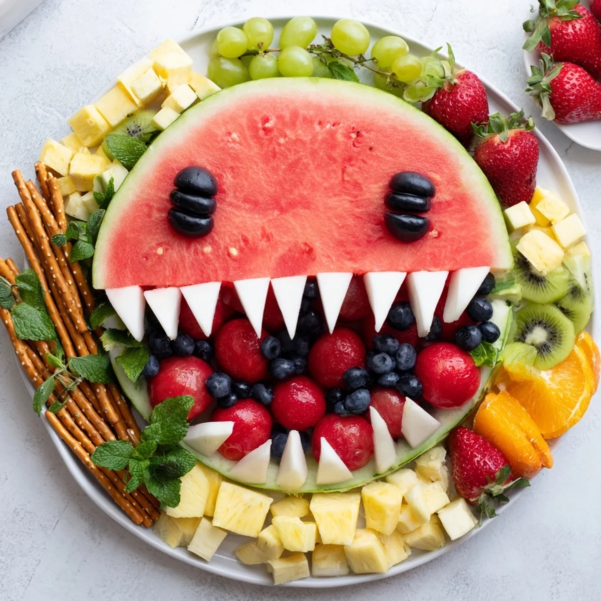 Watermelon Wave Shark Snack Board bursting with colorful fruits, pretzels, and cheese, perfect for a summer party!
