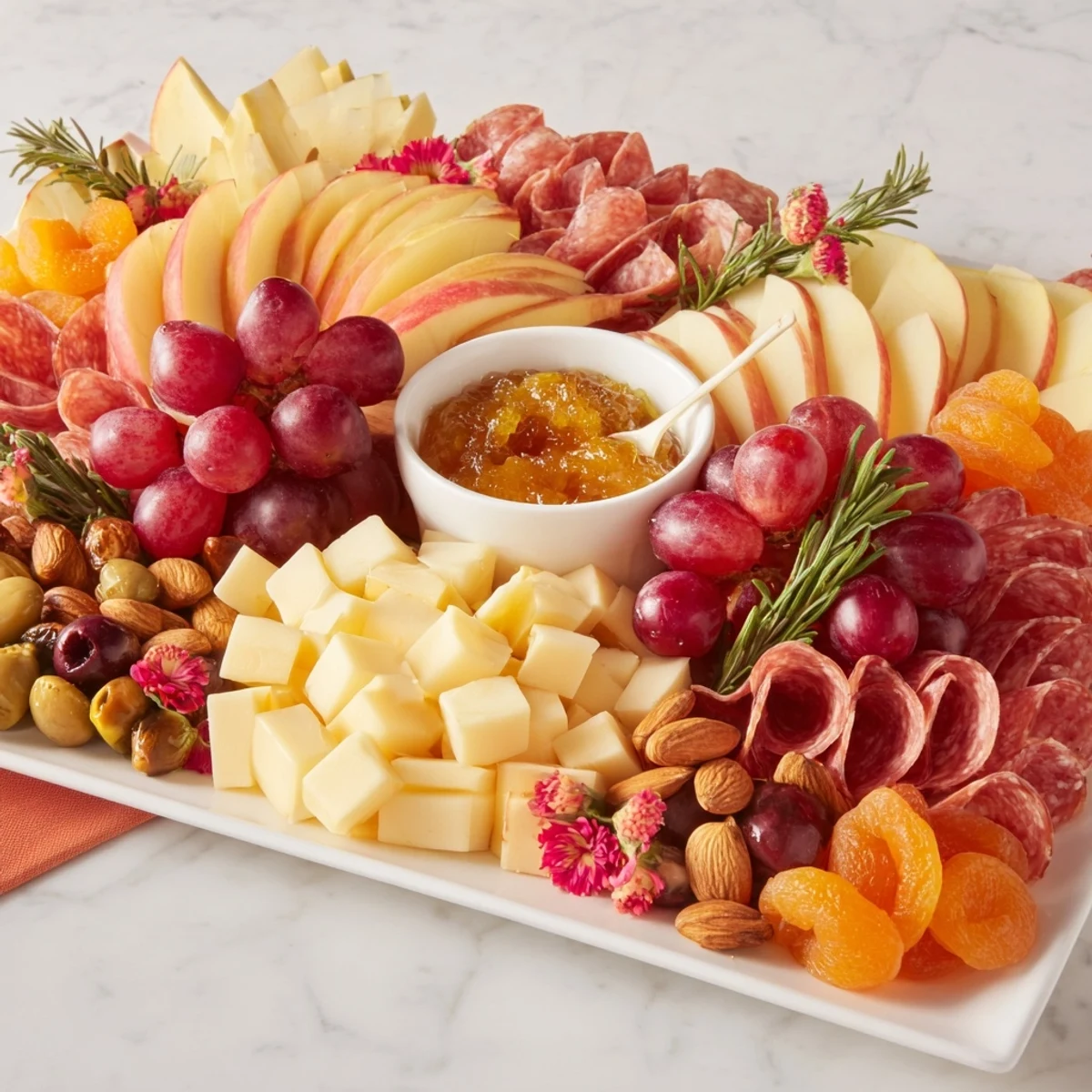 Vibrant Holiday Bow Appetizer Platter: A delicious arrangement of cheeses, meats, fruits, and nuts, ready to serve guests.