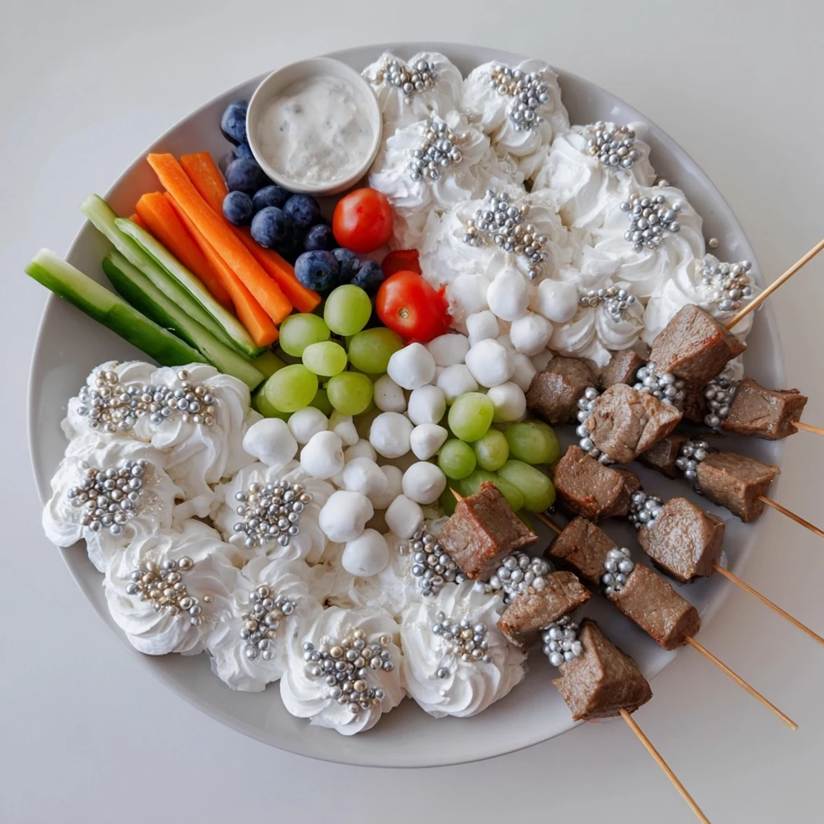 Serve this charming Fluffy Clouds Lamb Baby Shower Board, featuring savory lamb and sweet treats.