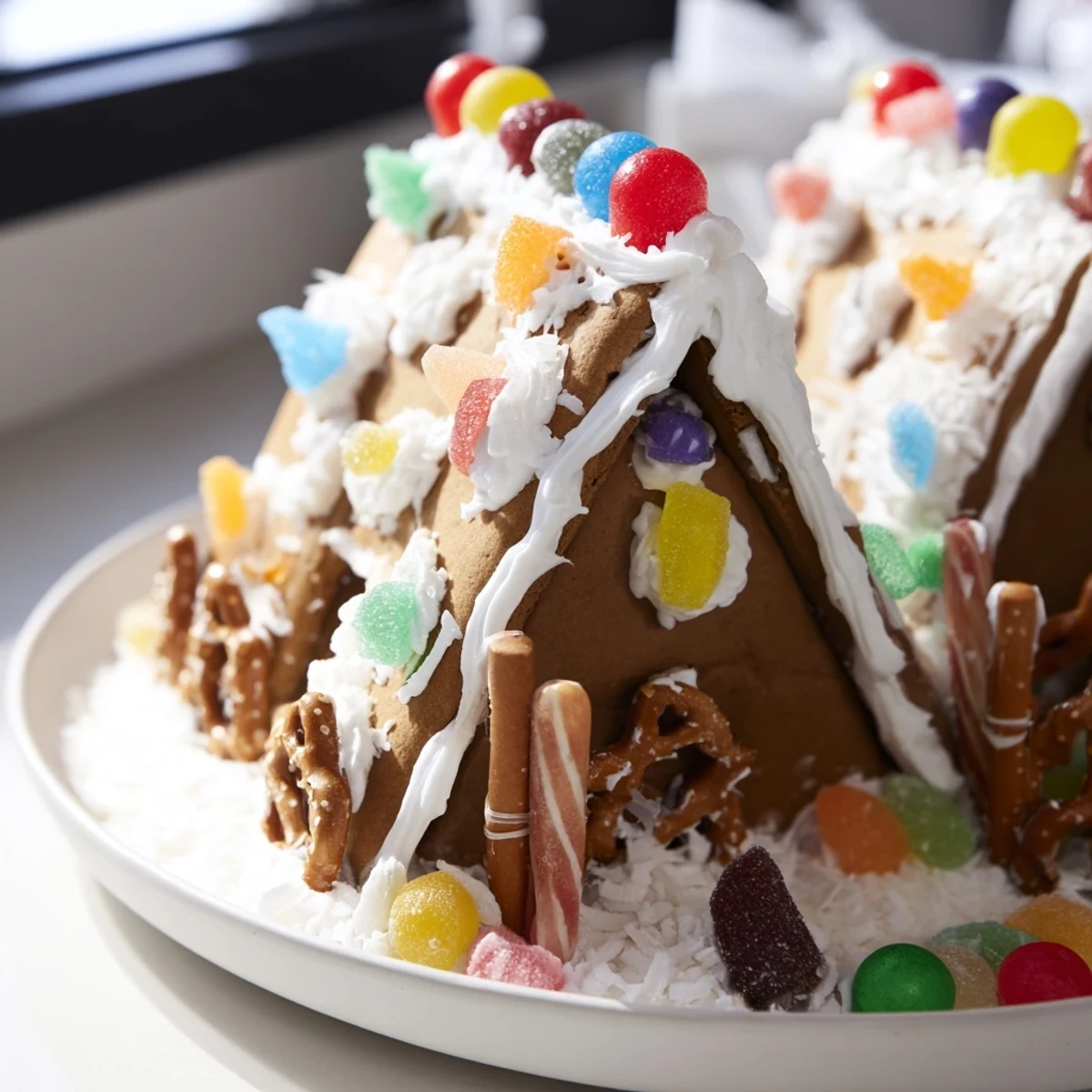 A completed gingerbread house decorating kit with colorful candies and fresh frosting ready to build.