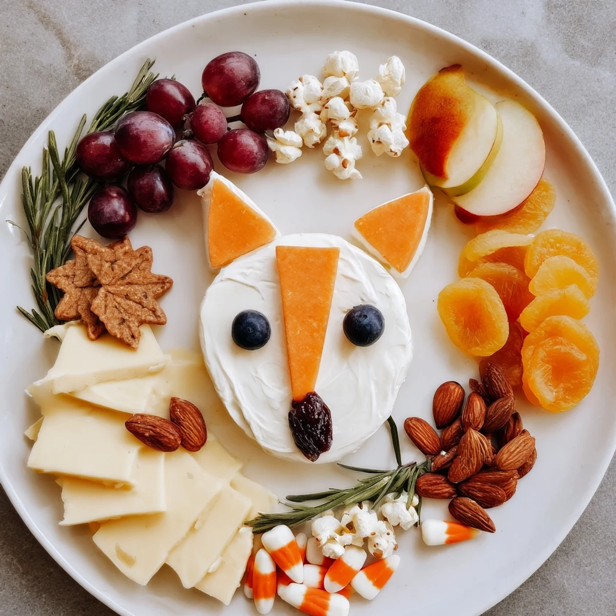 This fall-themed Whimsical Fox Treat Board includes a goat cheese fox face, crackers, and candy corn.
