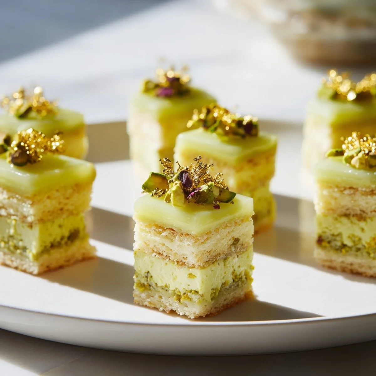 Ausschnitt der Grenouille Royale Petits Fours, verziert mit gehackten Pistazien und einem glänzenden Zitrusglaser.