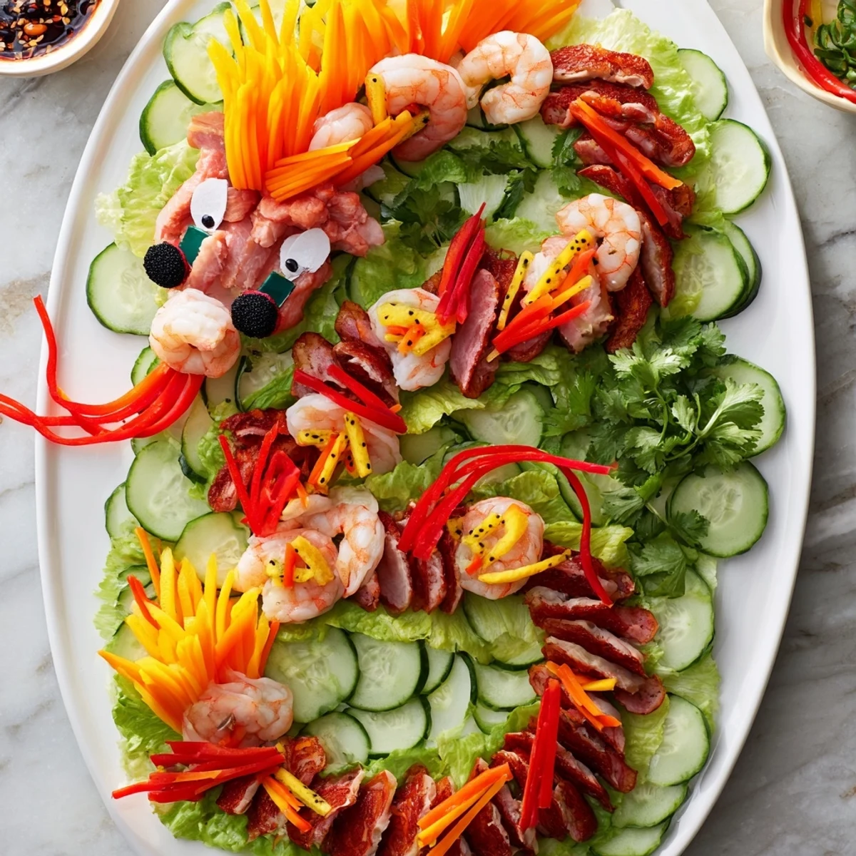 Lunar New Year dragon platter with vibrant shrimp and char siu, ready for dipping sauces.