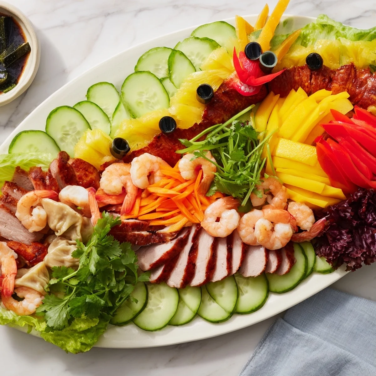 Festive Lunar New Year dragon platter: a delicious appetizer with shrimp, pork, and fresh garnishes to enjoy.