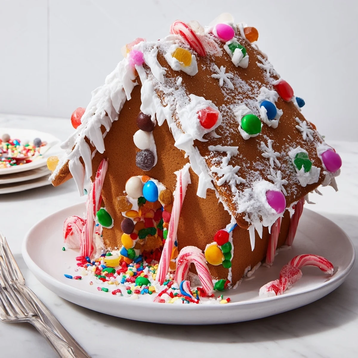A vibrantly decorated gingerbread house, a delicious holiday staple, ready for enjoyment.