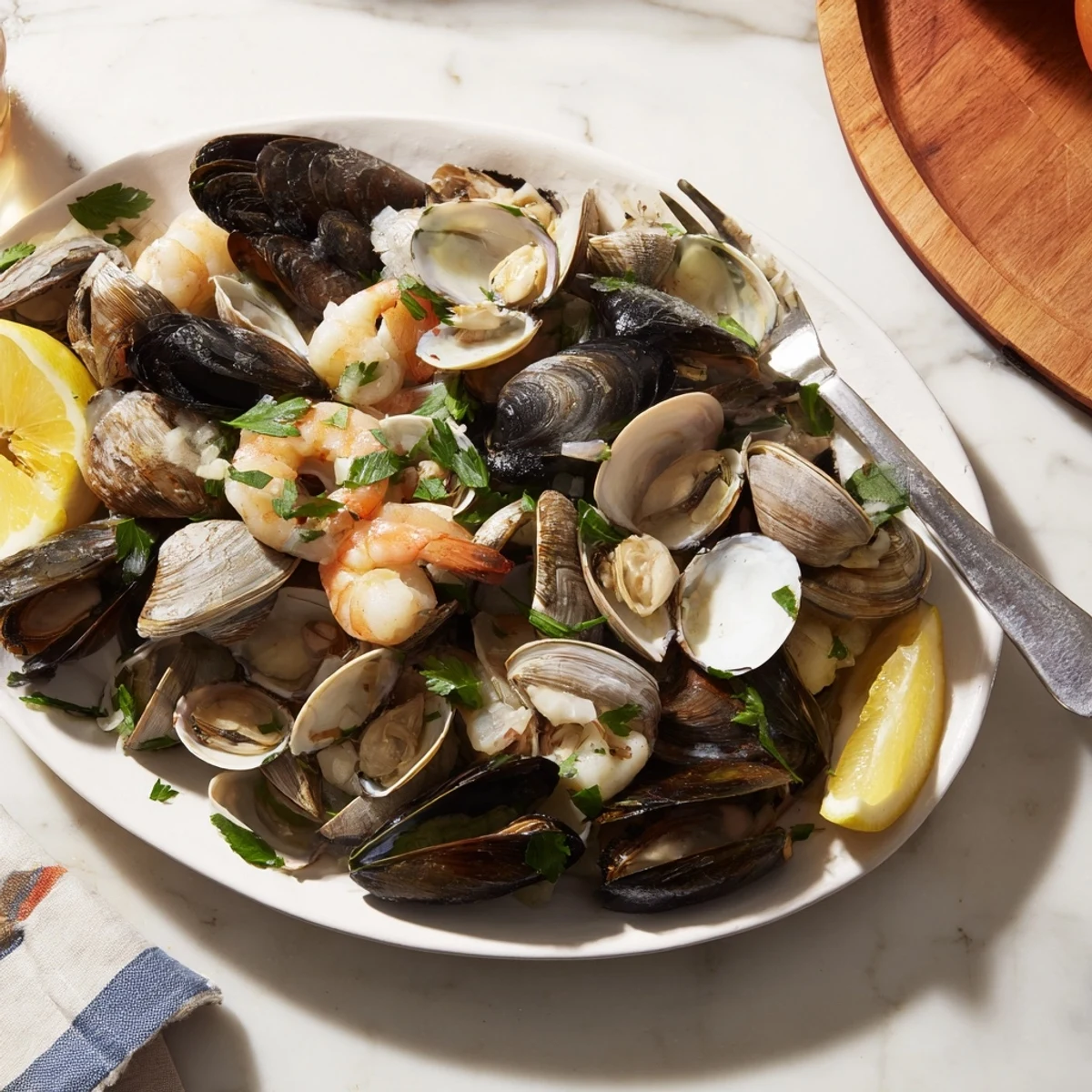 Aromatic Shellfish & Seafood Medley overflowing on a plate, ready to enjoy with lemon wedges.