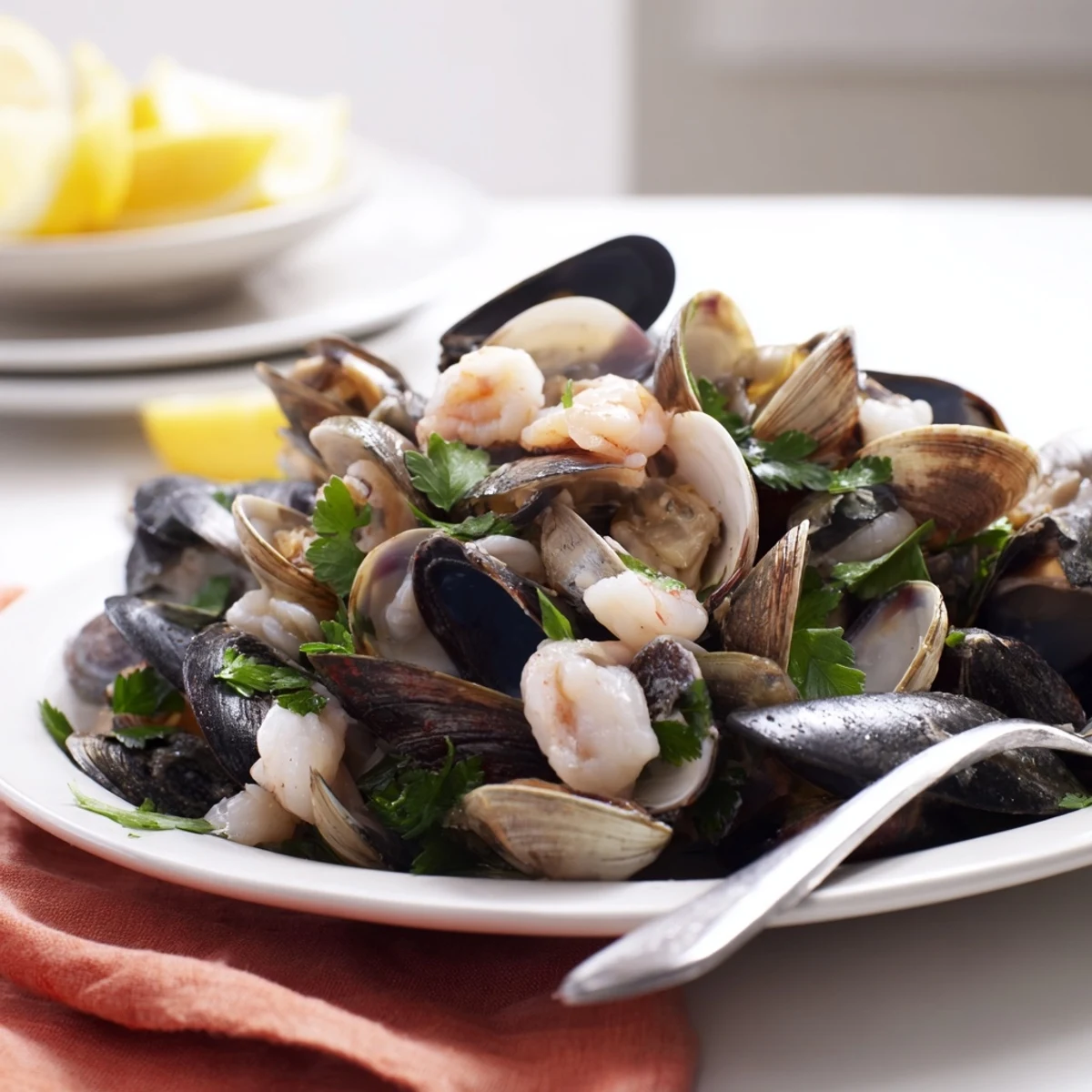 Steamy close-up of the Shellfish & Seafood Medley, showcasing various textures and colors with parsley.
