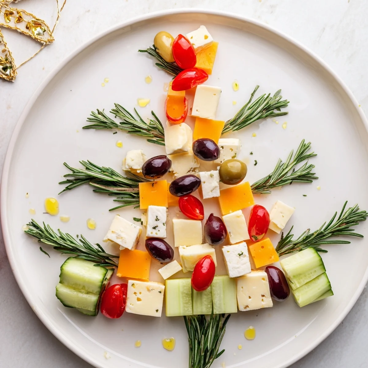 Festive Cheese & Olives: Pine tree shaped olive wreath featuring a vibrant arrangement of olives and cheeses.