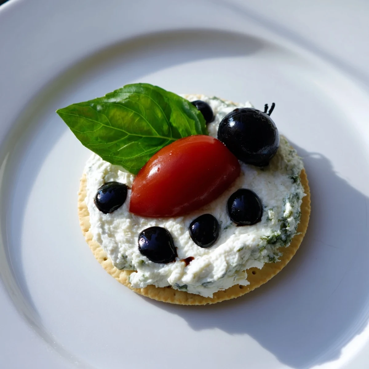 Vibrant Ladybug Tomato and Olive Bites: a fun, healthy snack with fresh basil and creamy cheese.