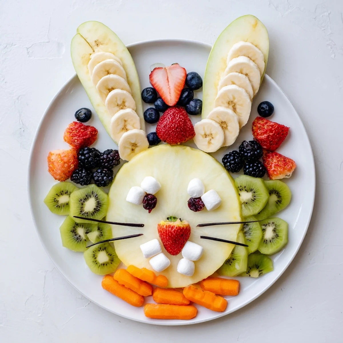 Fresh fruit arranged into a whimsical bunny face fruit salad, perfect for a kids' party or spring celebration.