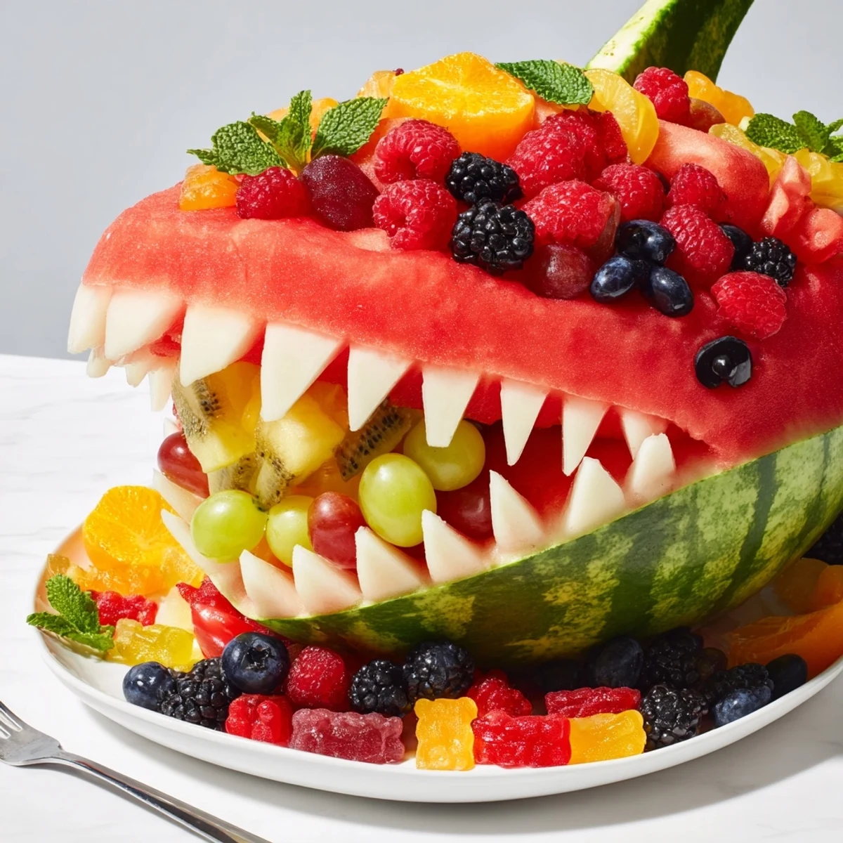 A vibrant Watermelon Shark Bite Board overflowing with colorful fresh summer fruits, a fun snack.