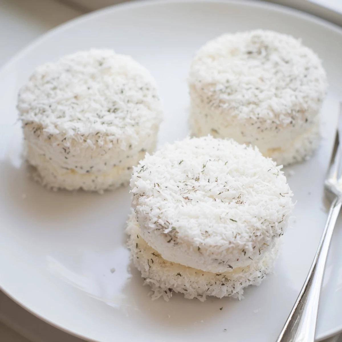 Creamy Snowball Tea Sandwich Bites, perfect finger food, coated in sweet coconut for a festive look.