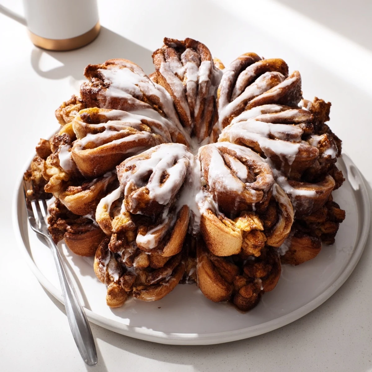 Fluffy giant snowflake sweet roll centerpiece, glistening with icing, perfect for a cozy holiday breakfast.