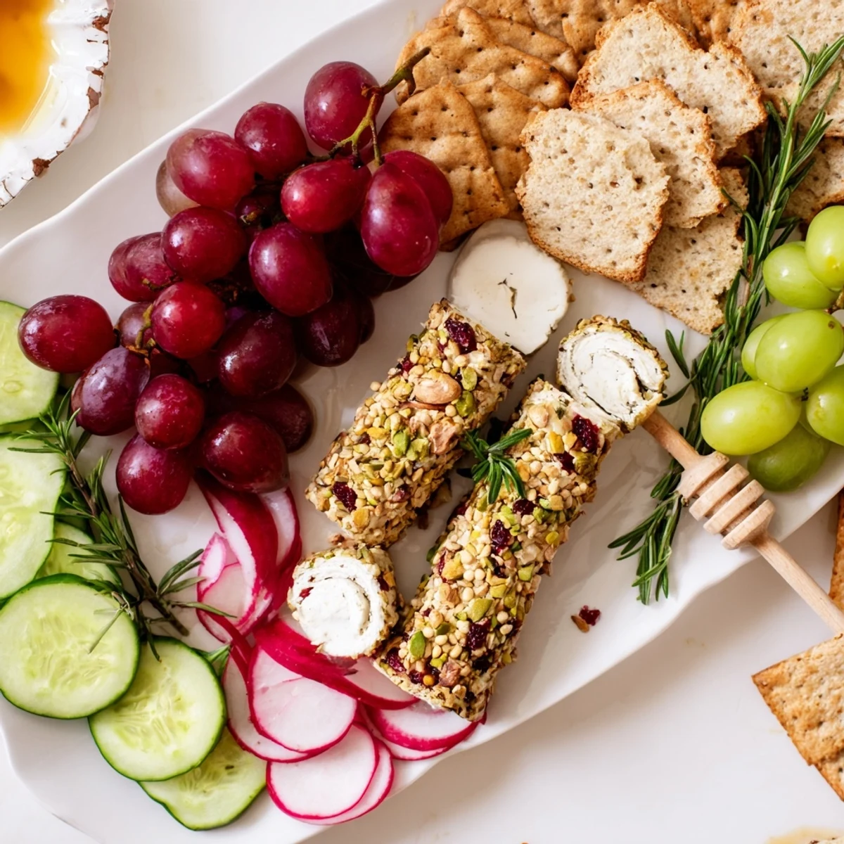 Vibrant photo of appetizer, Goat Cheese Logs coated with cranberries and nuts, ready to enjoy.
