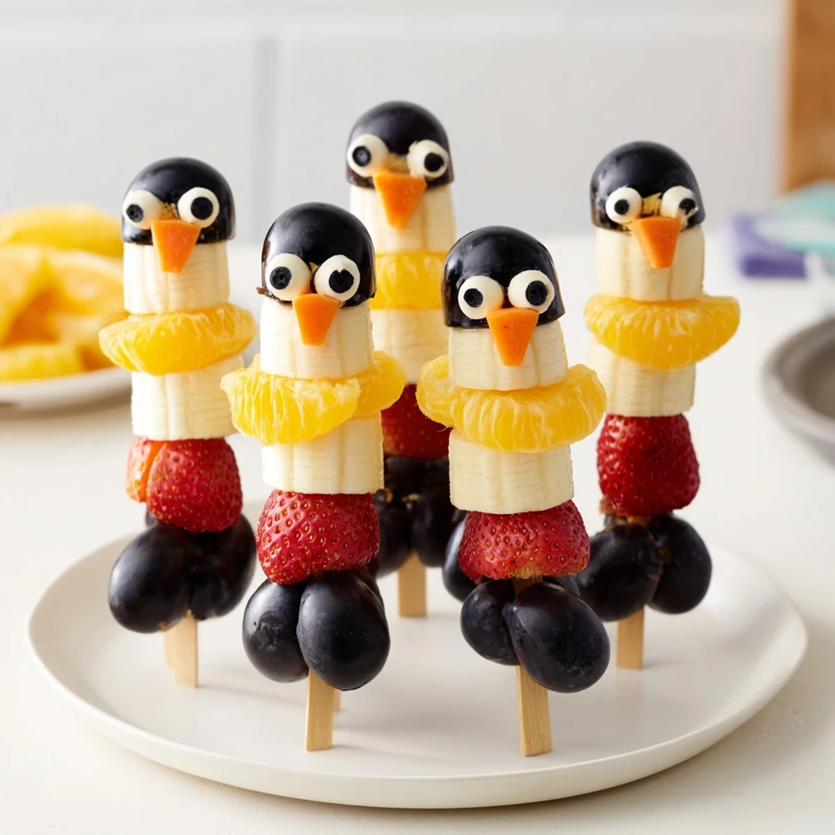 Vibrant photo shows the playful Penguin Fruit Skewer Army, a colorful and fun fruit snack for kids.