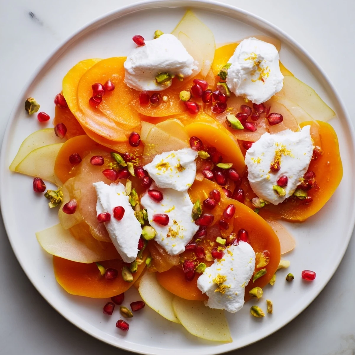 An arrangement of persimmon and pear snowscape, a beautiful winter dessert ready to serve.