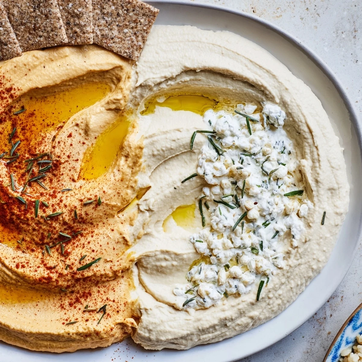 Delicious Easy Dips: Two vibrant bowls of hummus and yogurt dip with a cracker divider.