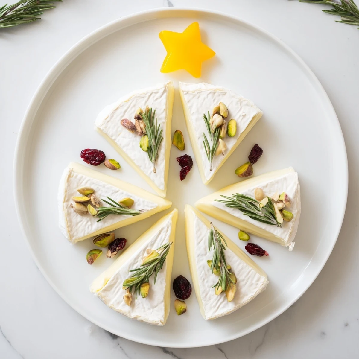 A gorgeous Simple Brie Triangle Cheese Tree, elegantly garnished with nuts and cranberries, delicious appetizer.