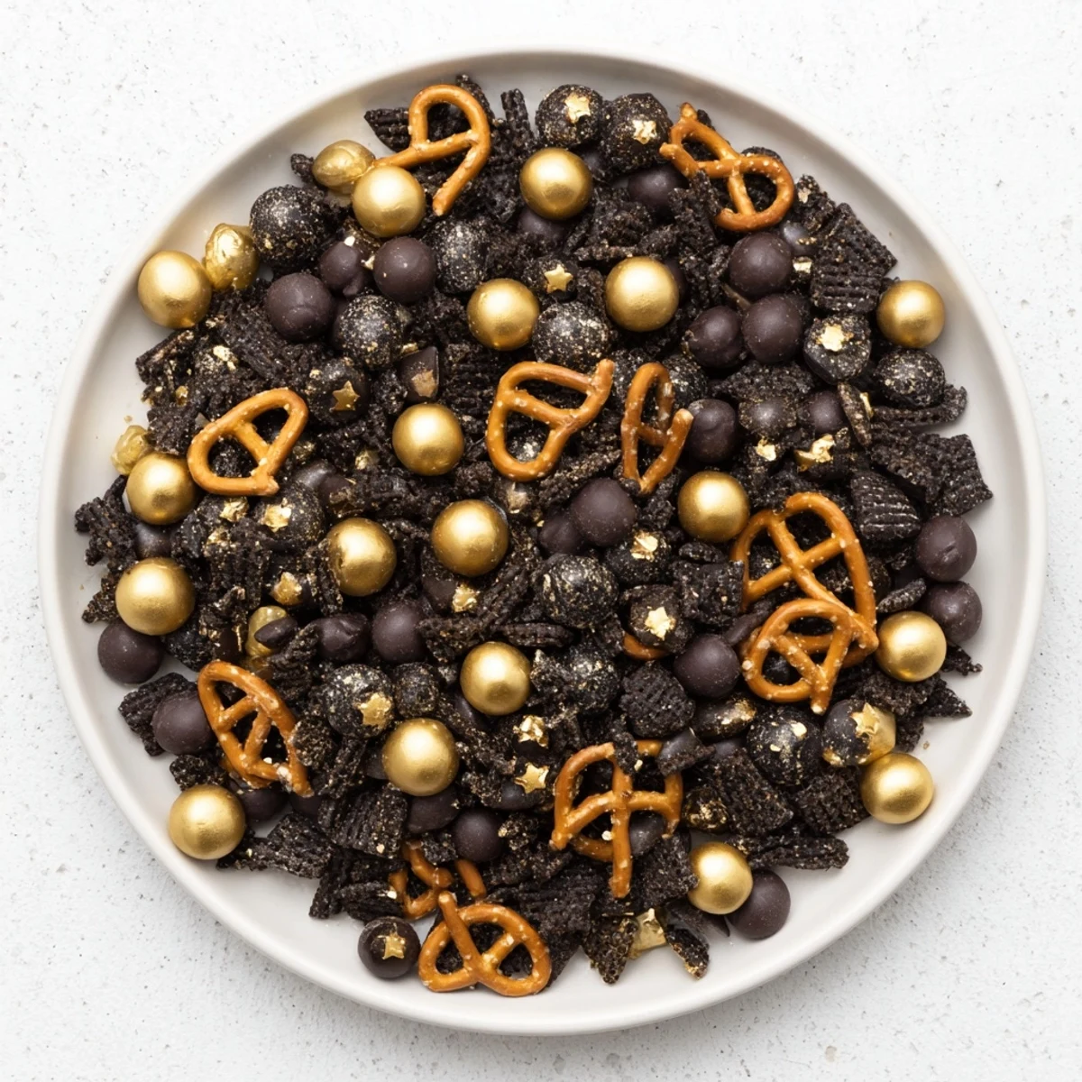 Golden and black Midnight Snack Mix, a festive and crunchy sweet-and-savory treat for New Year's.