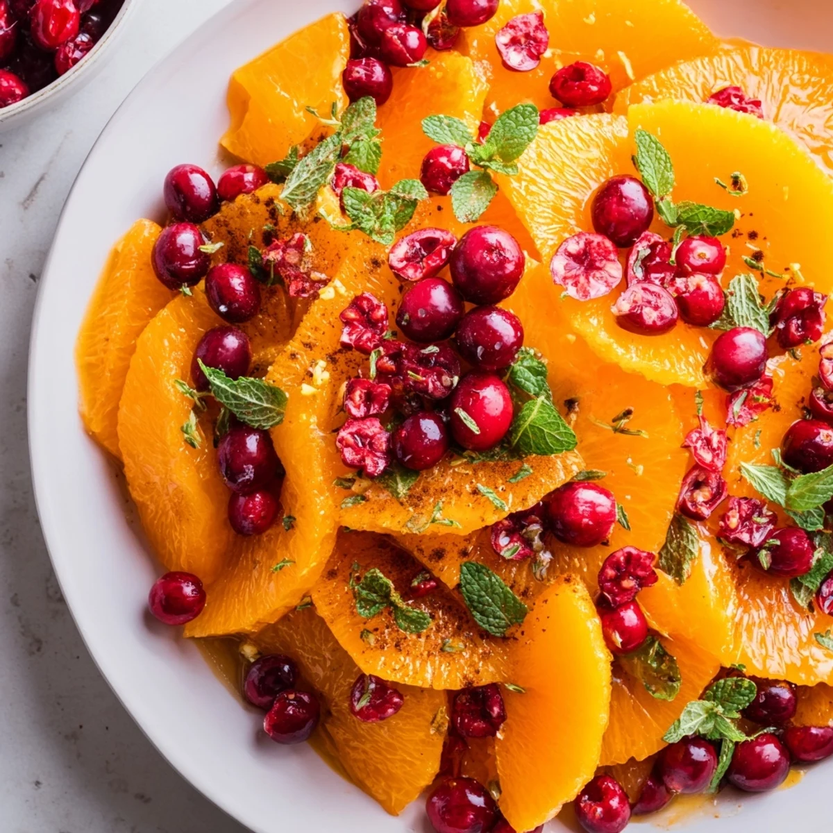 Winter Frucht: Orangen Scheiben und Cranberries verteilt.