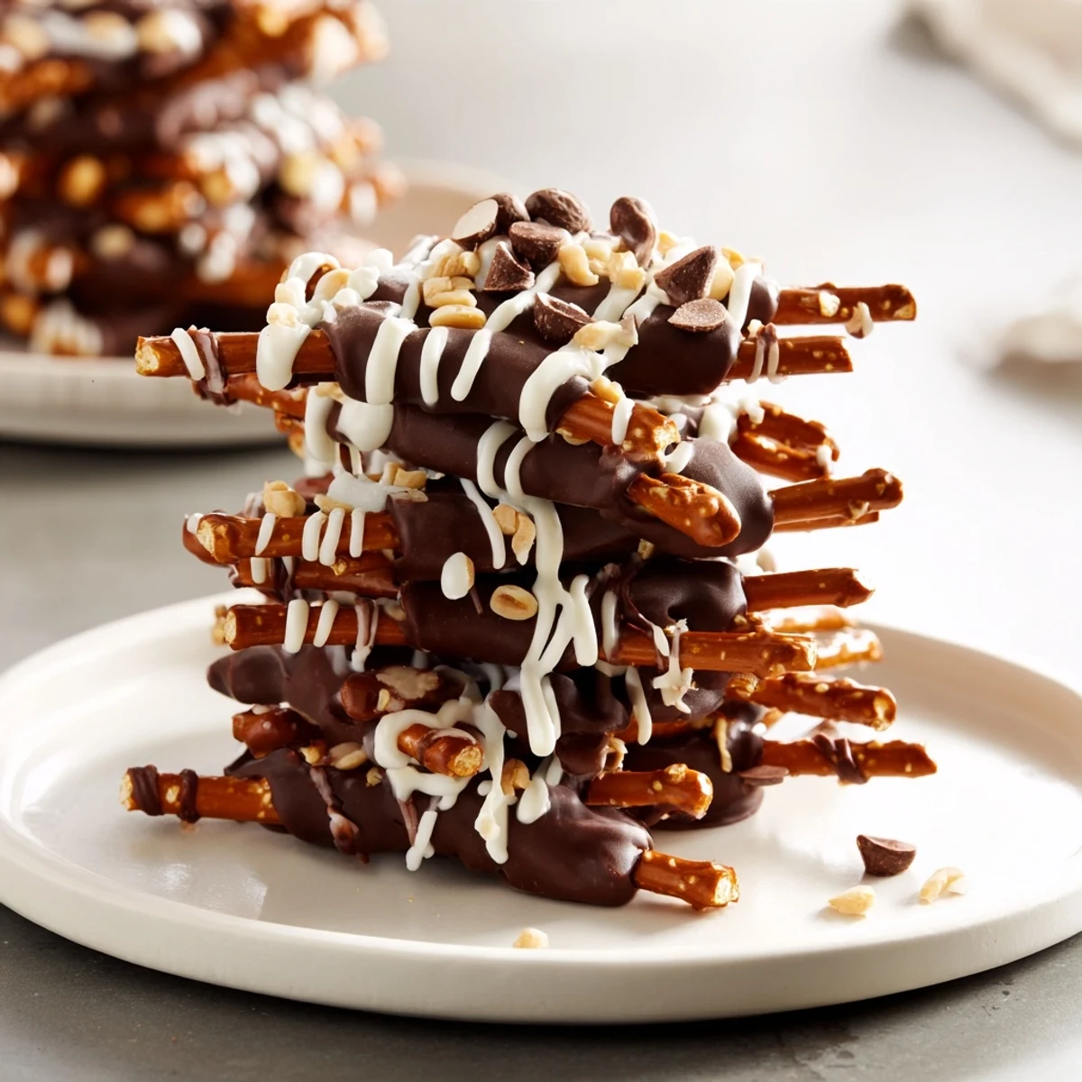 Chocolate Covered Pretzel Stick Stack ready to eat, with white chocolate drizzled atop the crunchy treats.