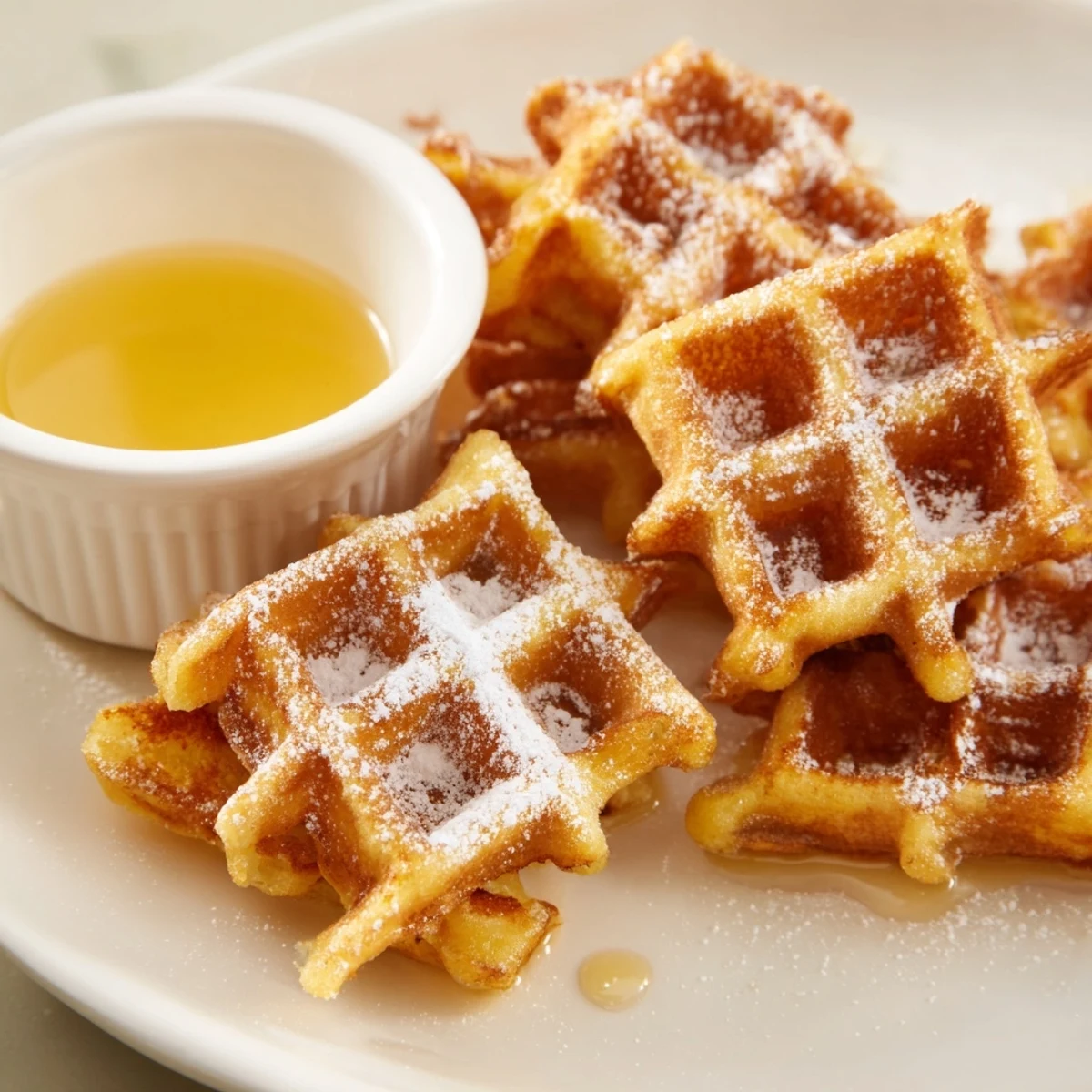 Golden waffle quarters ready to dip in warm syrup, a perfect weekend breakfast treat.