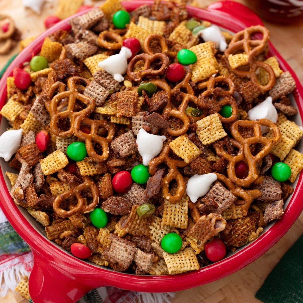 Crispy, golden Holiday Mix snack glistening with festive red and green candies on display.