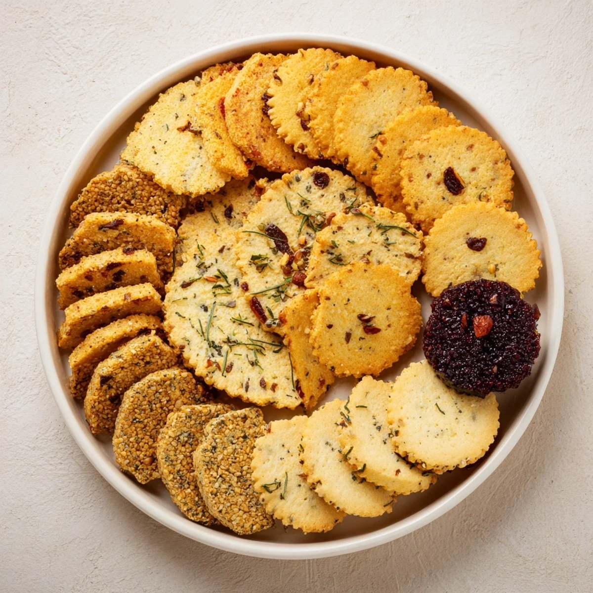 Crispy gourmet crackers: An elegant layered fan of various crackers ready for a cheese board.