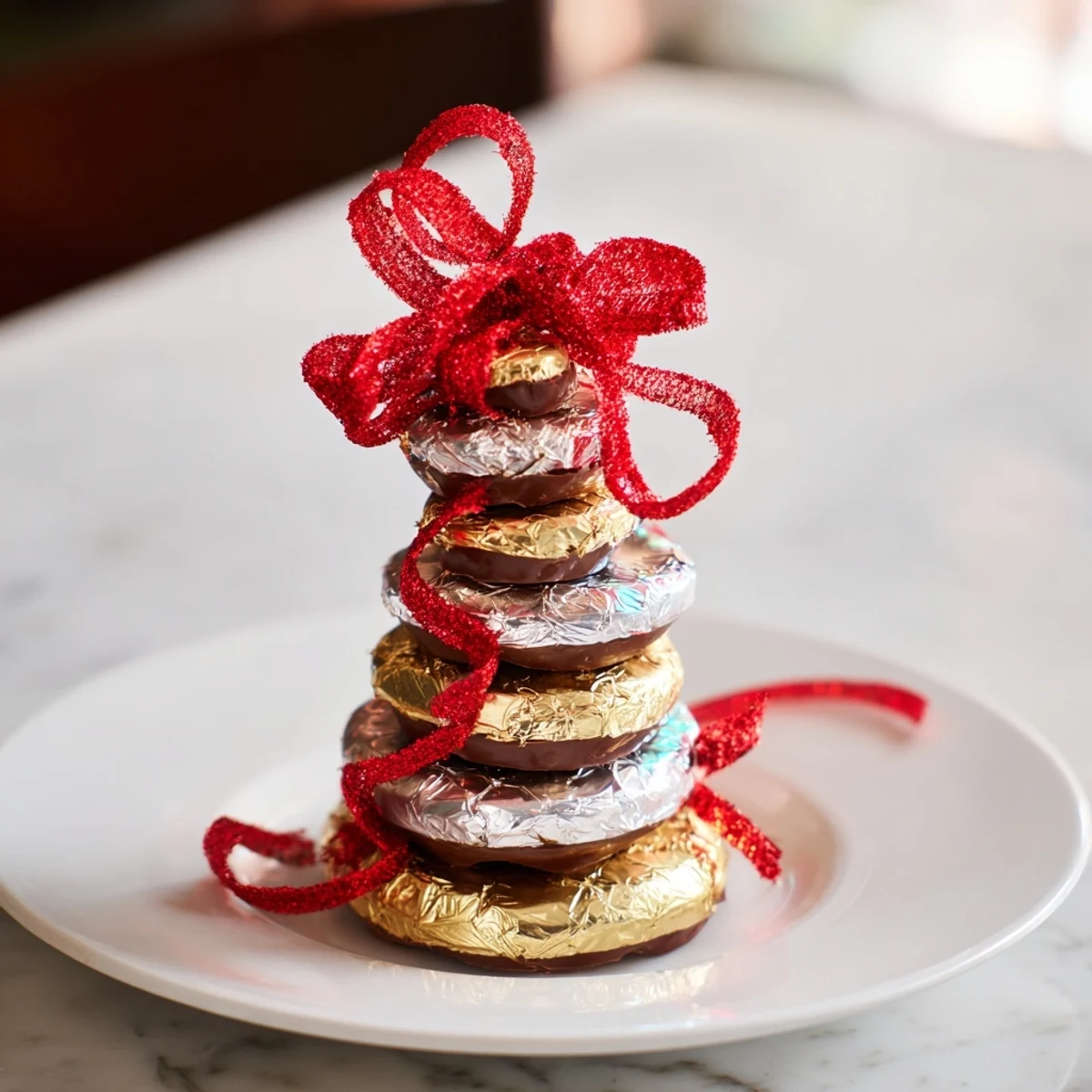 Golden chocolate coin stacks, a shimmering dessert centerpiece for festive holiday celebrations.