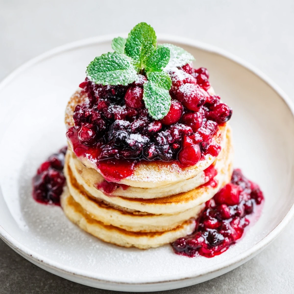 Delicious Brunch Board: Pancake Stack photo showcasing a beautiful berry holly garnish for a festive brunch.