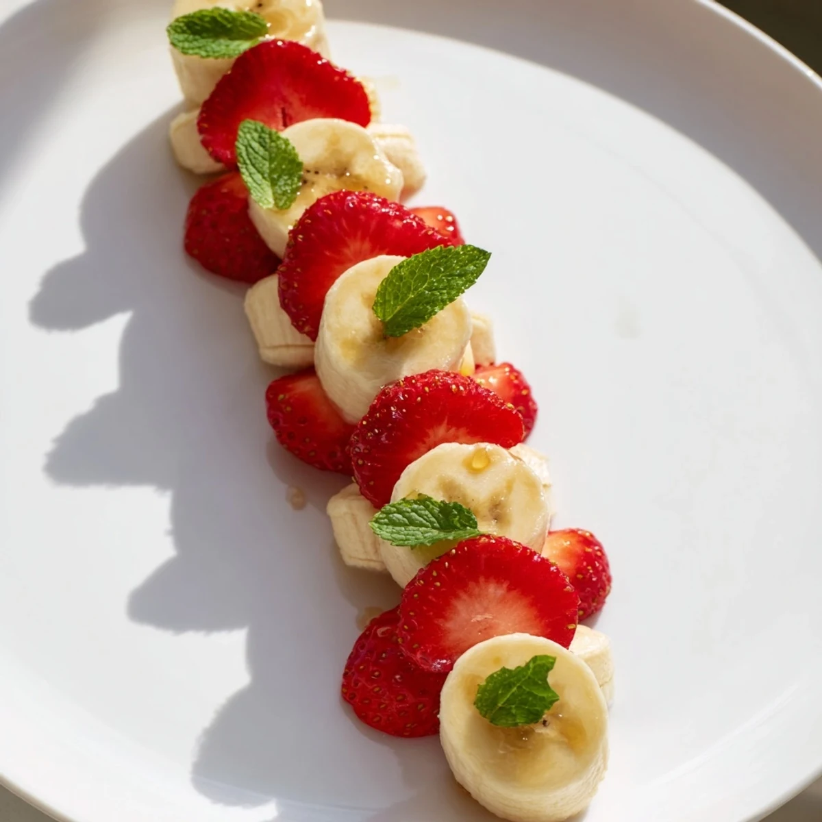 A colorful candy cane made from fresh banana and strawberry slices, a healthy snack idea.