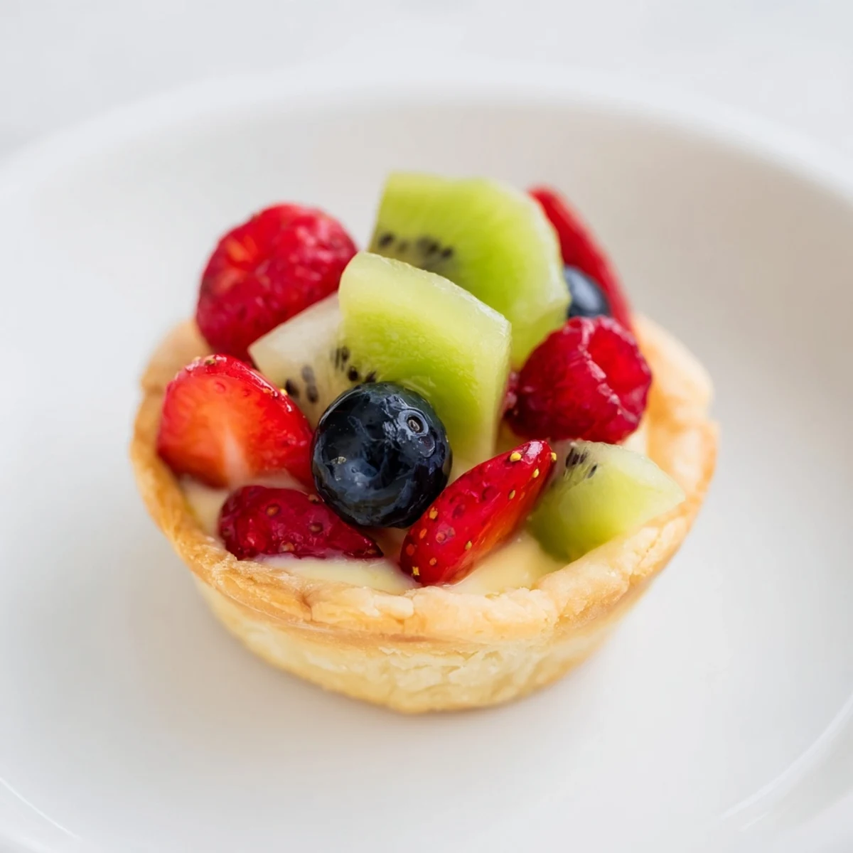 Mini Fruit Tartlets in a Circle Arrangement: Buttery tartlets overflowing with pastry cream and colorful fresh fruit, perfect for dessert.