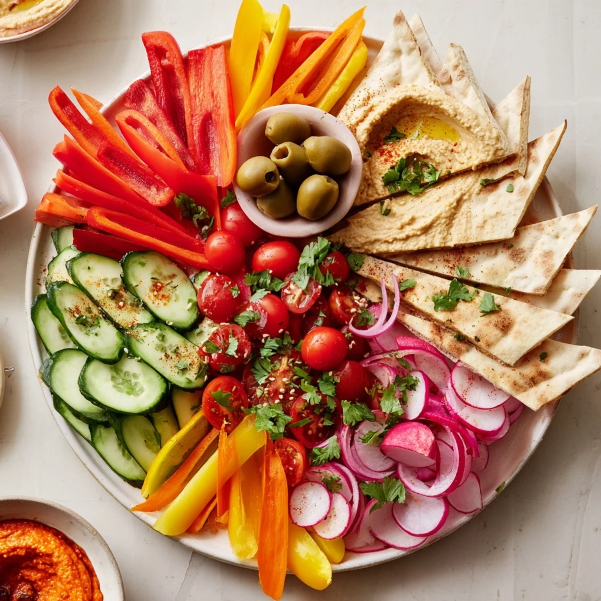 Close-up of a festive Moroccan Tent, artfully arranged, with various fresh vegetables and assorted dips.