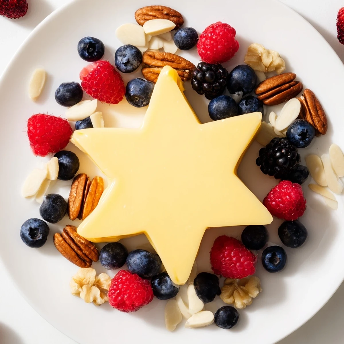 A vibrant Shooting Star Cheese Board with a star of sharp cheddar, nuts, berries, ready to serve.