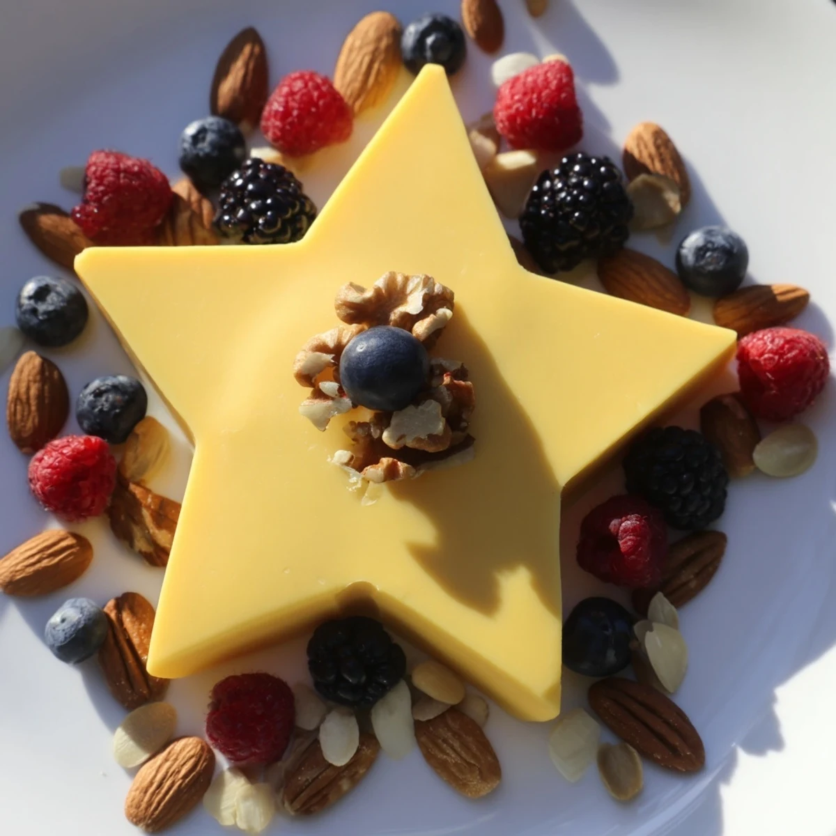 Close-up of the Shooting Star Cheese Board, a vegetarian appetizer filled with colorful berries and diverse nuts.