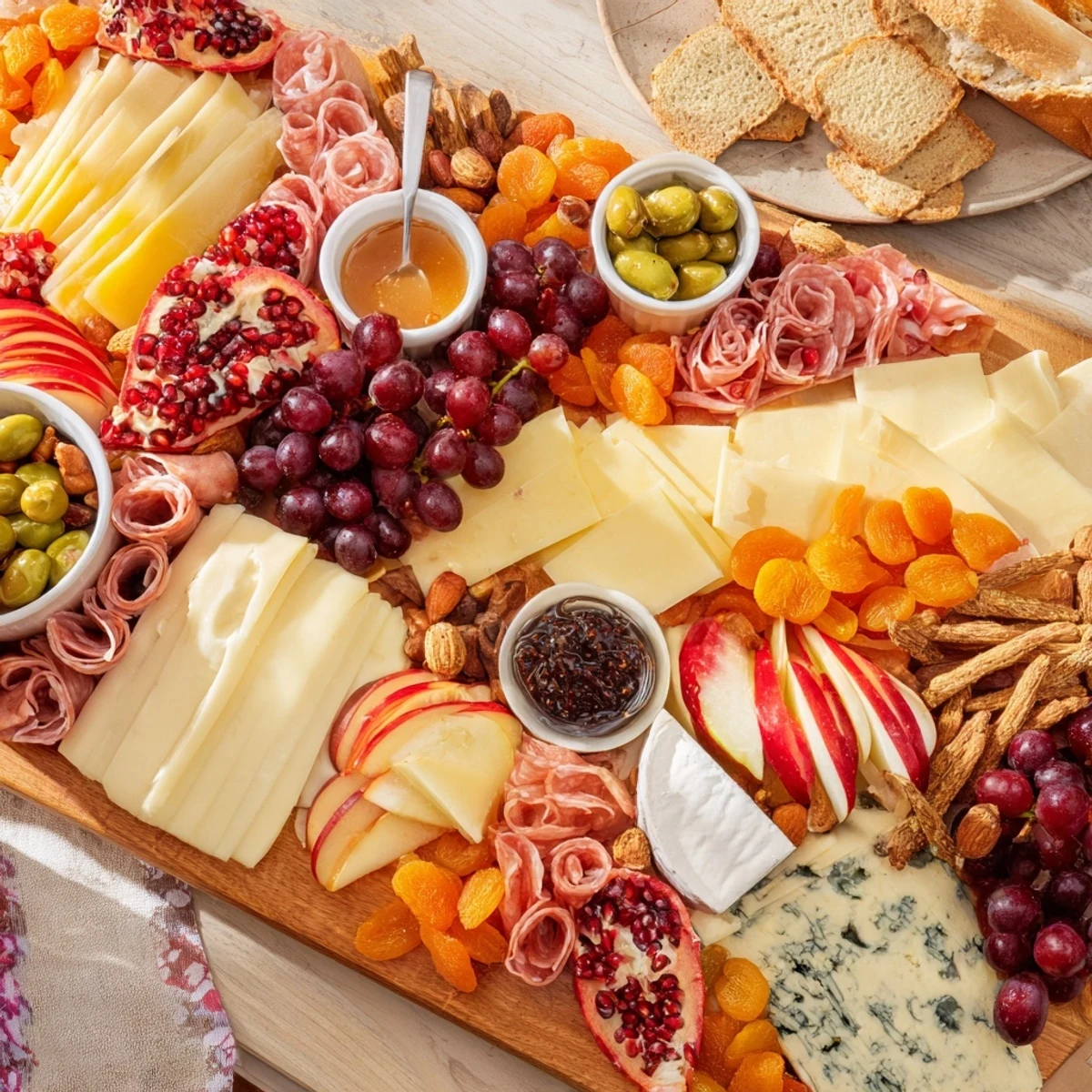 A close-up of a Cornucopia Harvest Board offers a tempting selection of cheeses and crackers for guests.