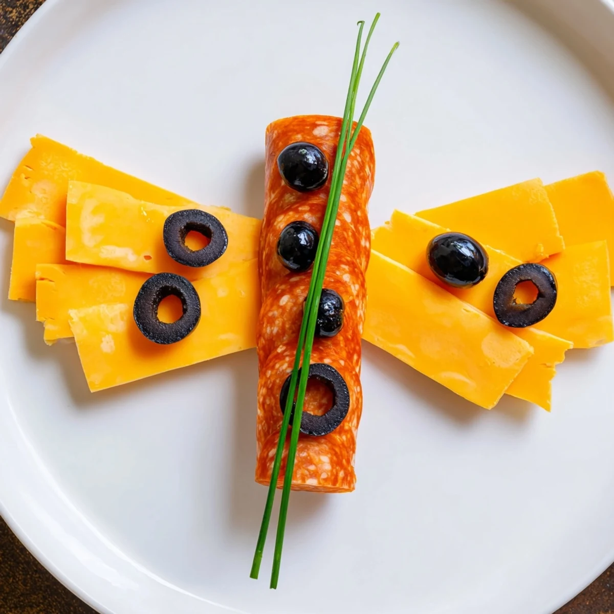 Vibrant cheddar cheese wings & salami body form a playful Butterfly Migration appetizer, ready to serve.
