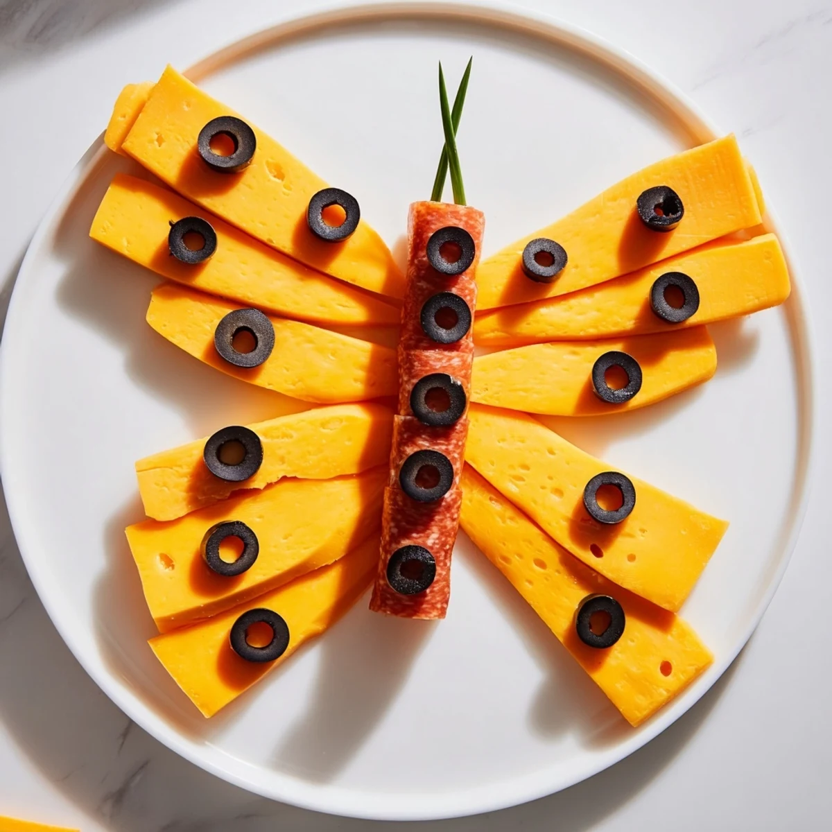 A colorful Butterfly Migration appetizer, featuring cheese wings and olive details, perfect kid-friendly snack.