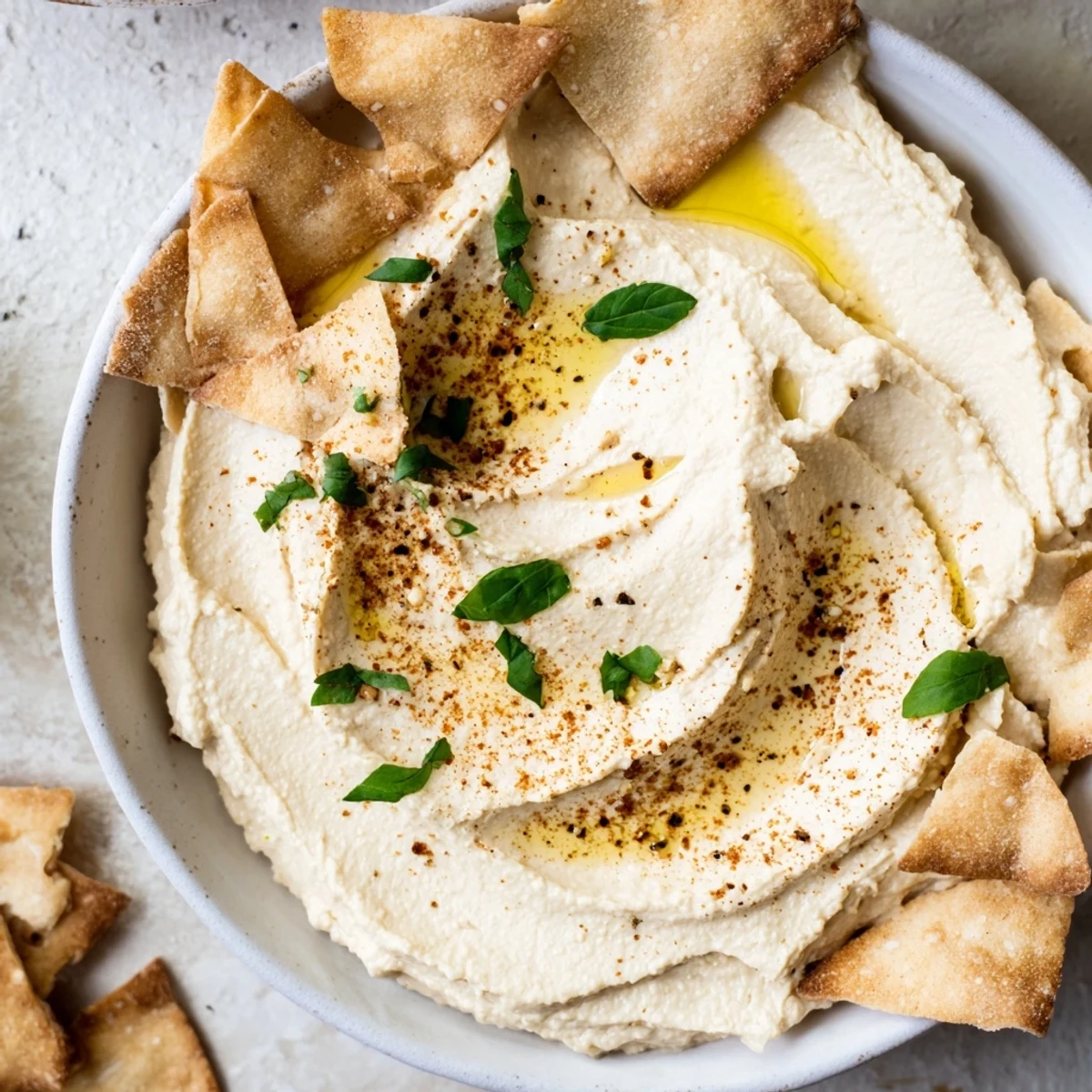 Creamy Sahara Dune hummus appetizer served with crisp, golden pita chips shaped like desert dunes.