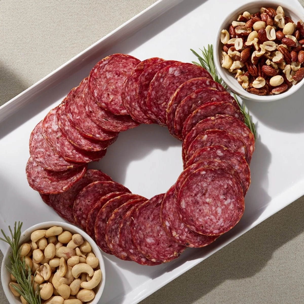 Salami intertwines in an Infinity Loop appetizer, weaving through bowls of mixed nuts artfully.