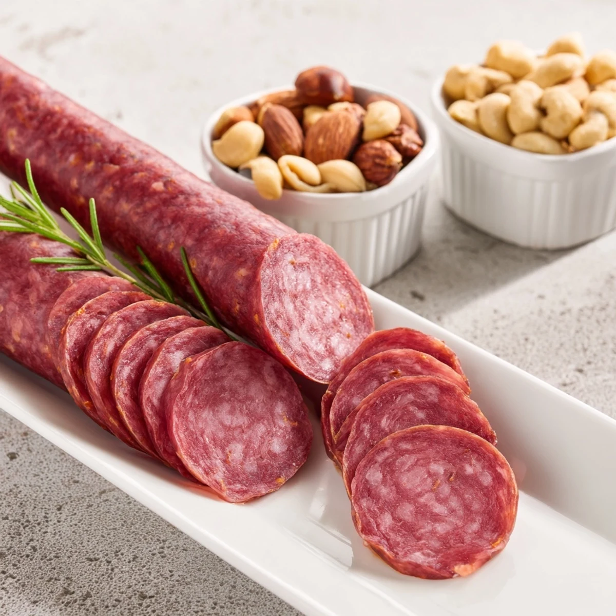 A delectable close-up of the Infinity Loop: salami slices looping around nuts, ready to serve.