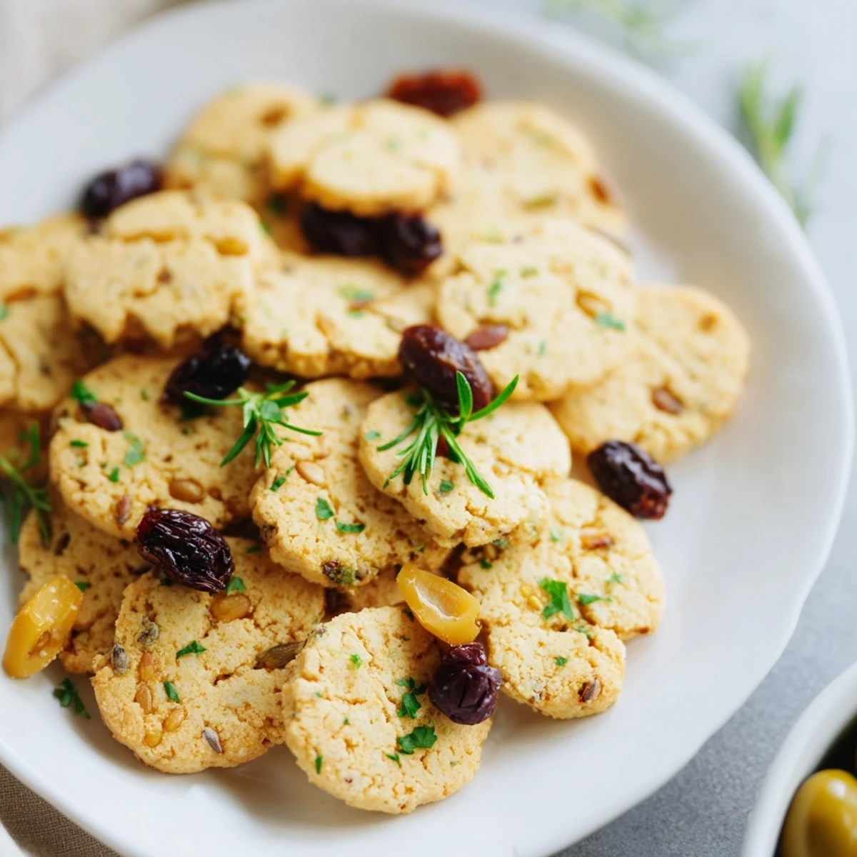 A look at "The Cobblestone Courtyard," a charming appetizer with olives and crackers.