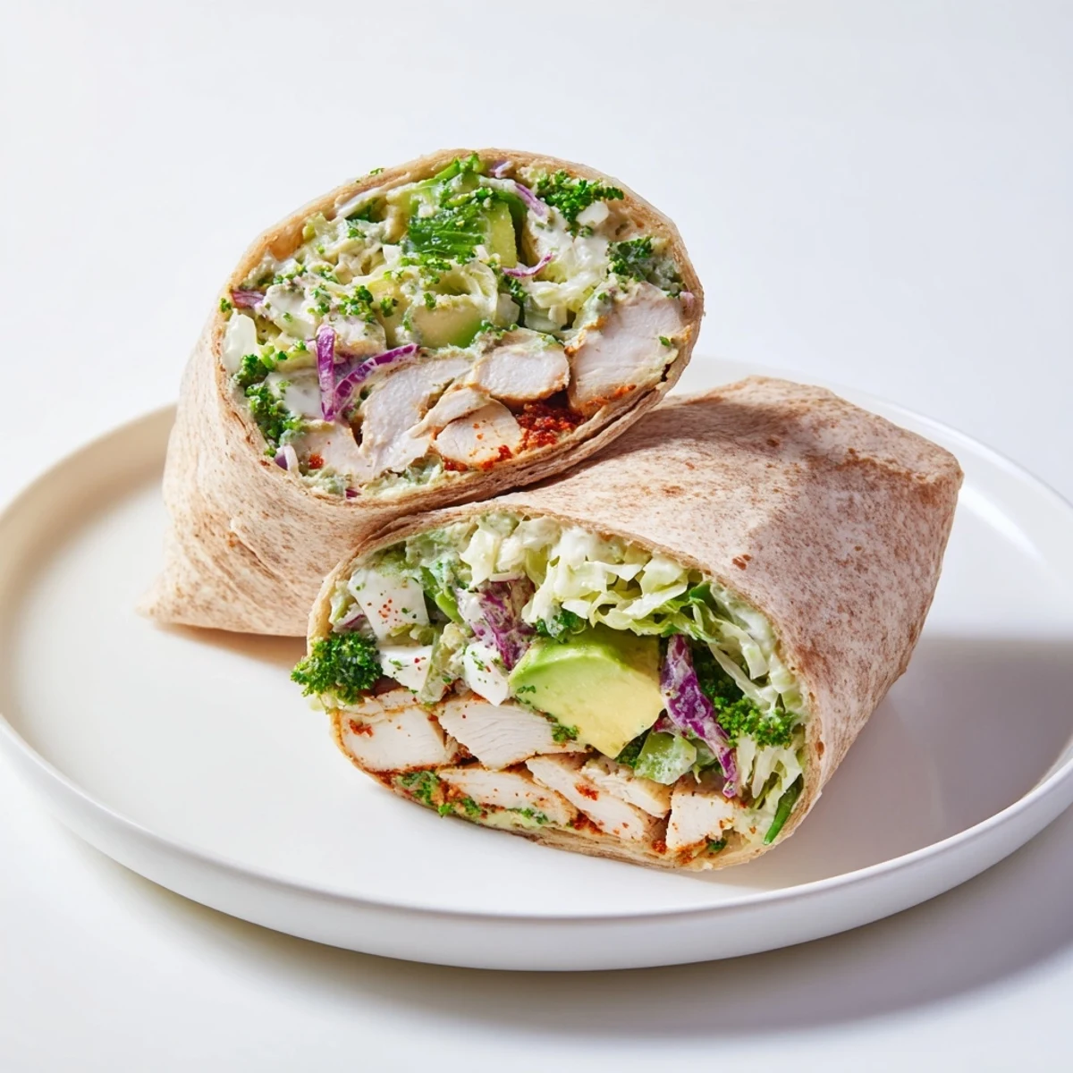 Close-up of Green Goddess Chicken Wraps, showing the colorful filling bursting from a whole wheat tortilla.