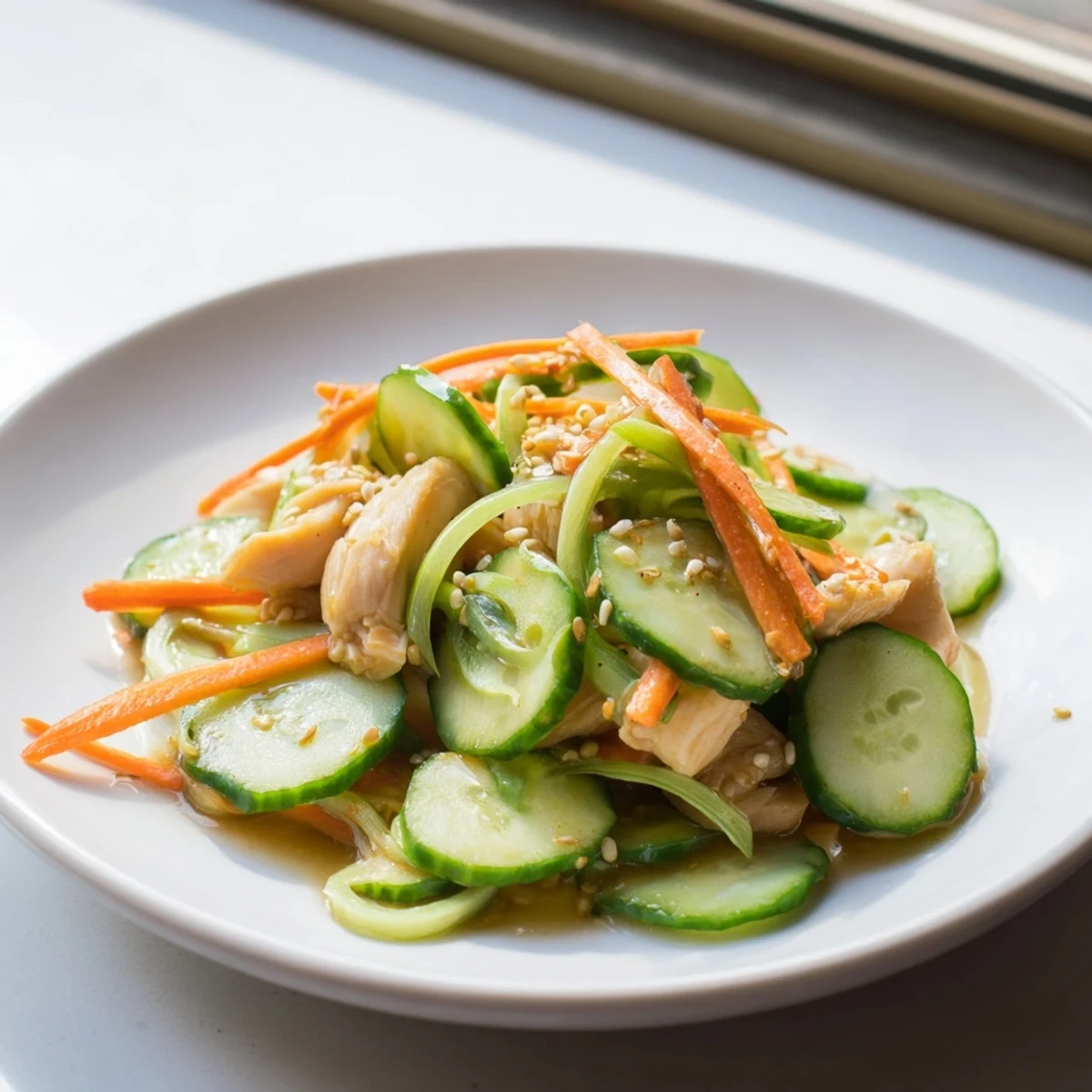 Vibrant deli container shaker chicken salad, ready to eat, with visible cucumbers and sesame seeds topping the protein.