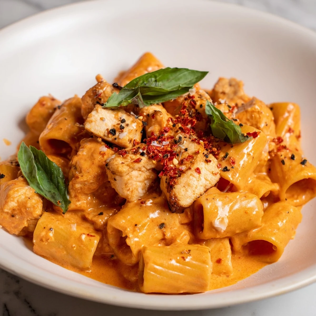 Creamy Spicy Vodka Chicken Pasta, topped with fresh basil and extra Parmesan, ready to eat.