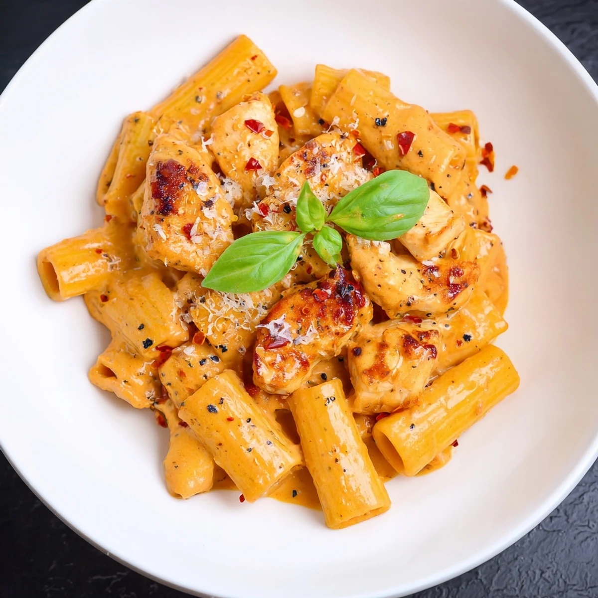 A close-up of a skillet brimming with Spicy Vodka Chicken Pasta, offering warmth and flavor.