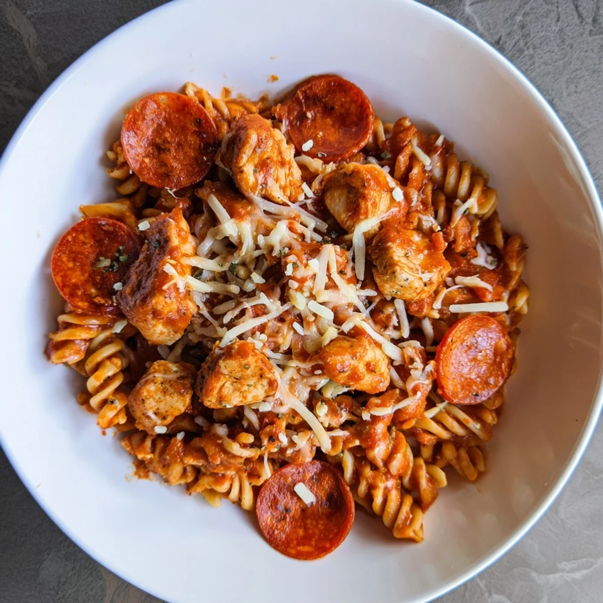 Mouthwatering One-Pan Pizza Pasta ready to serve, pepperoni visible, cheese melted, and ready to enjoy.