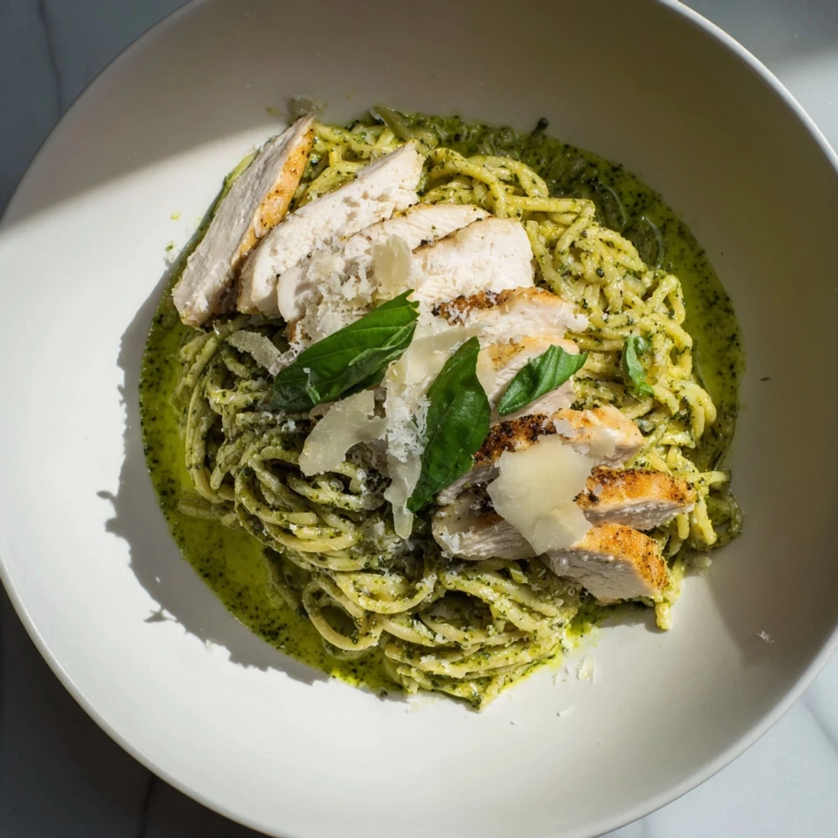 Up-close shot of pesto egg and chicken pasta; parmesan and basil sprinkled on top for flavor.